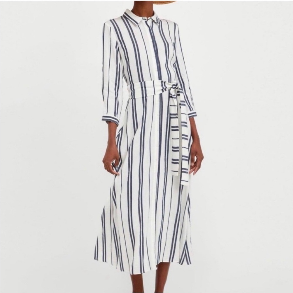 Zara Striped Linen Shirt Dress Long Sleeve M